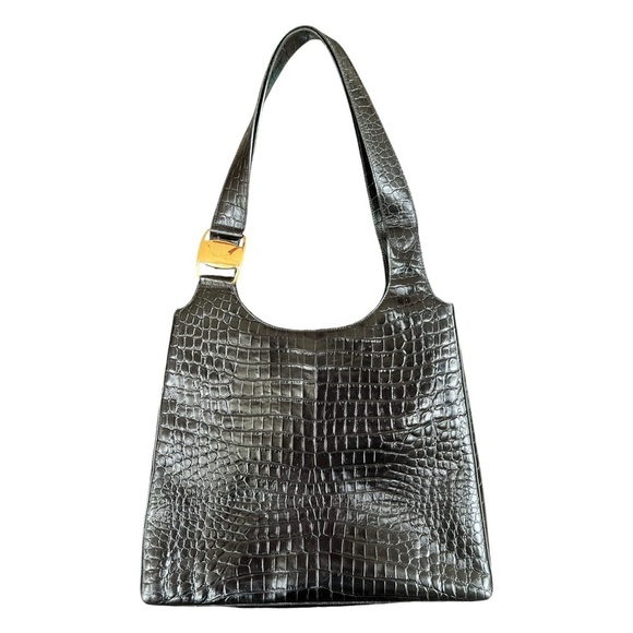 Salvatore Ferragamo Handbags - Salvatore Ferragamo Black Crocodile-Embossed Shoulder Bag